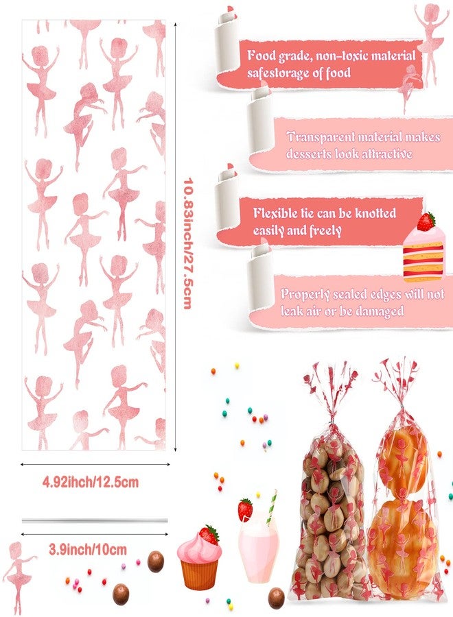 Fainne 100 Pieces Ballet Cellophane Goody Bags Ballet Girl Plastic Goody Bag Dancing Girls Transparent Candy Bags with 100 Pieces Silver Twist Ties for Ballet Theme Baby Shower Birthday Party Decors, Pink - Image 2